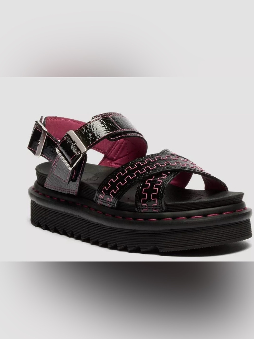 Dr. Martens Voss II Black, Pink Distressed Patent Leather Sandals Size 9